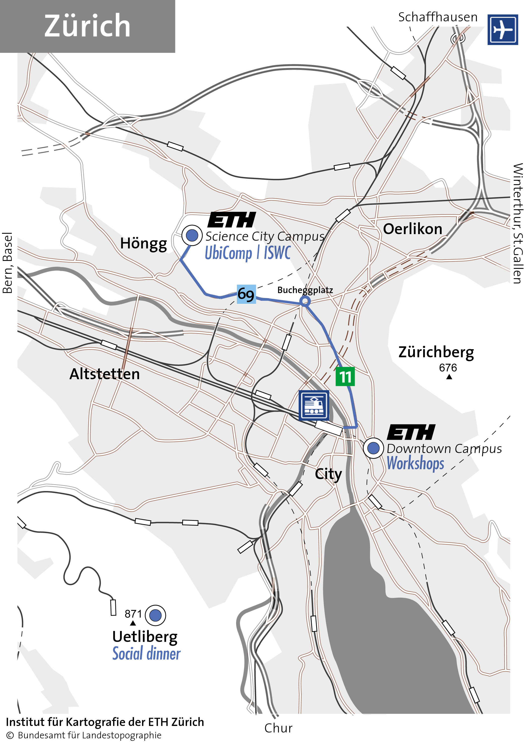 Map of Zurich with UbiComp conference venue on it
